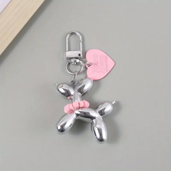 Set of 2 Cute Balloon Dog with necklace & heart Charm Keychains Mirror Style - Picture 4 of 8